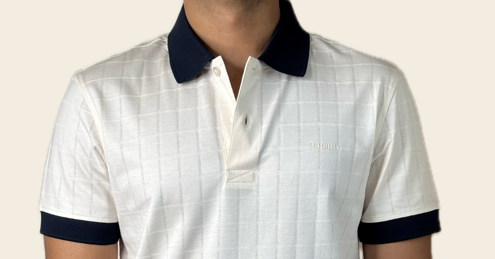 Ivory jacquard polo shirt navy collar detail – 13thirtystudios mercerised cotton