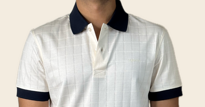 Ivory jacquard polo shirt navy collar detail – 13thirtystudios mercerised cotton