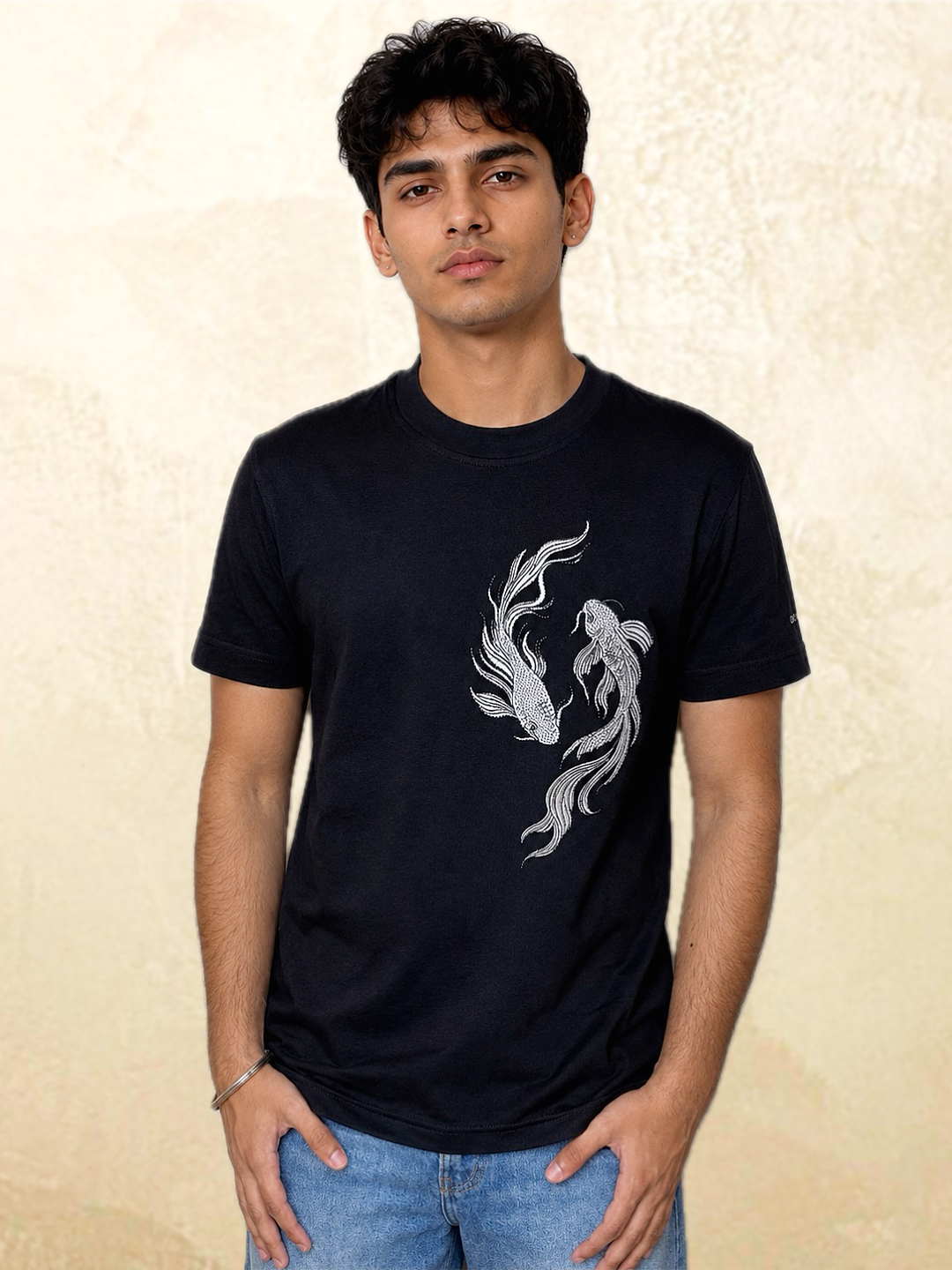 Calm > Chaos Koi Embroidered Tee-Black
