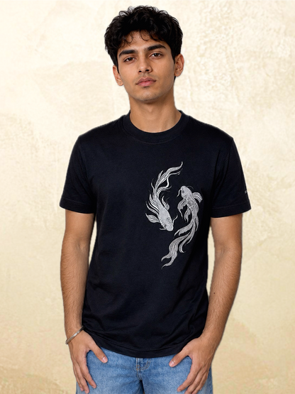 Calm > Chaos Koi Embroidered Tee-Black