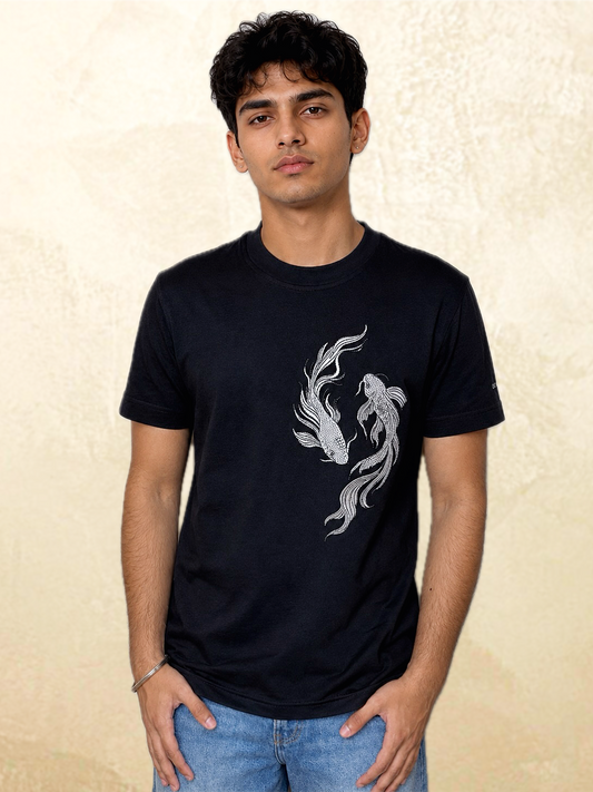 Black koi embroidered t-shirt chest embroidery Calm Chaos – 13thirtystudios Indian fit sizes 33-41