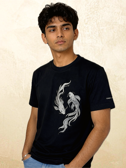 Calm > Chaos Koi Embroidered Tee-Black