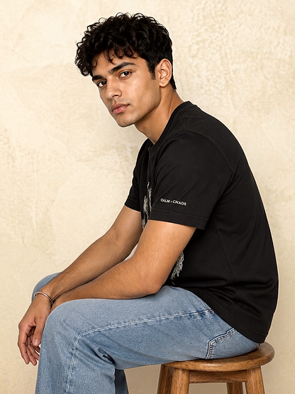 Calm > Chaos Koi Embroidered Tee-Black