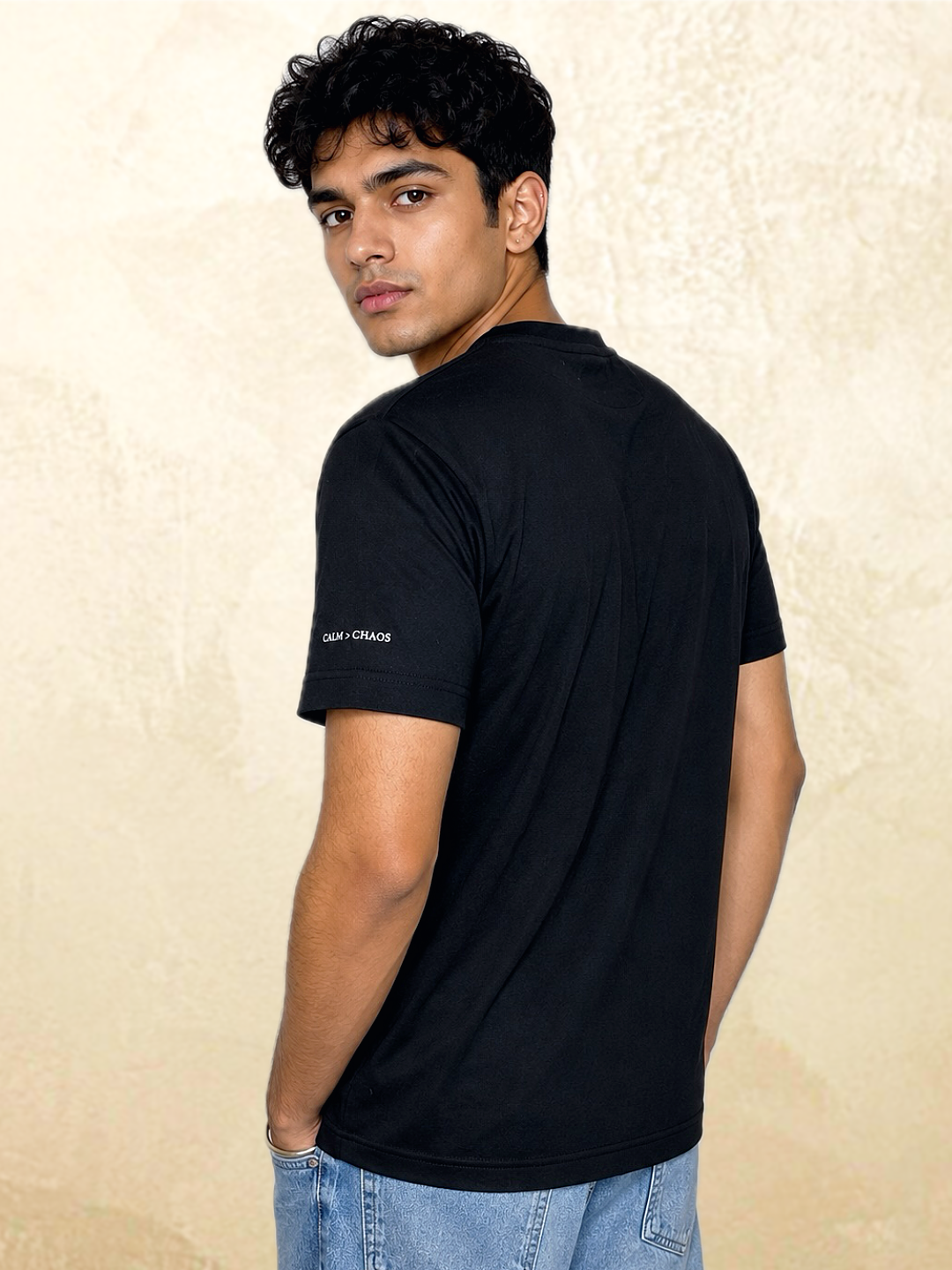 Calm > Chaos Koi Embroidered Tee-Black