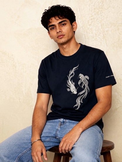 Calm > Chaos Koi Embroidered Tee-Black