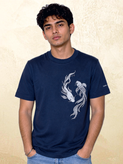 Navy koi embroidered t-shirt front view on model – 13thirtystudios Calm Chaos Indian fit