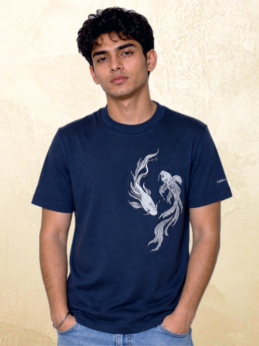 Calm > Chaos Koi Embroidered Tee-Navy