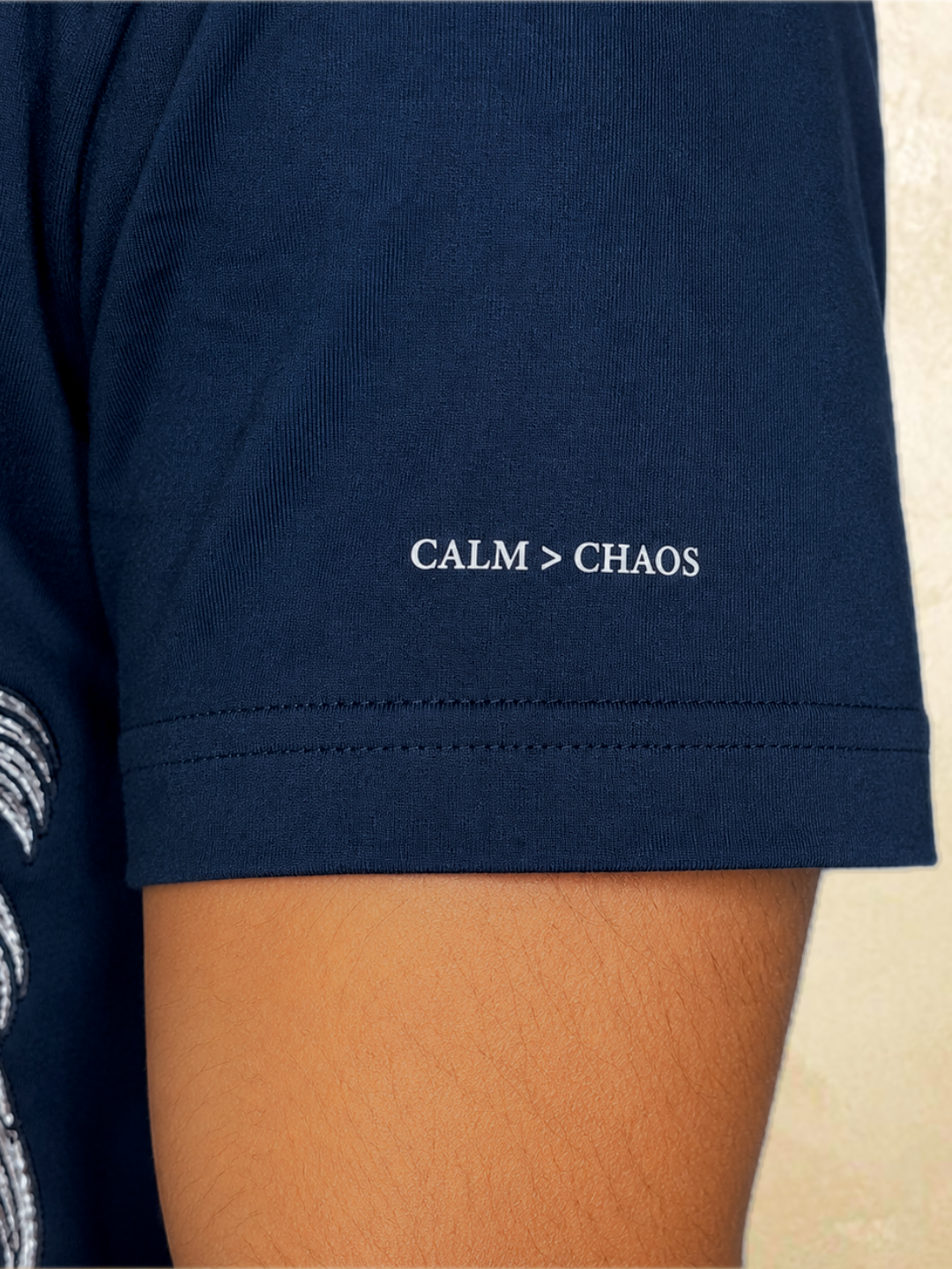 Navy koi embroidered t-shirt sleeve detail – 13thirtystudios mercerised cotton