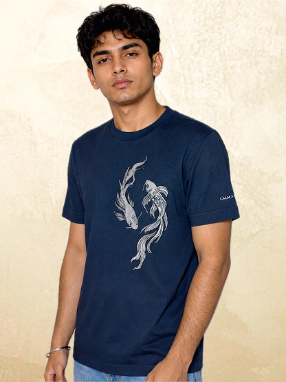 Navy koi embroidered t-shirt chest embroidery Calm Chaos – 13thirtystudios Indian fit sizes 33-41