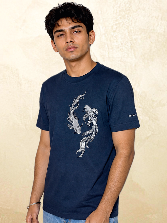 Calm > Chaos Koi Embroidered Tee-Navy