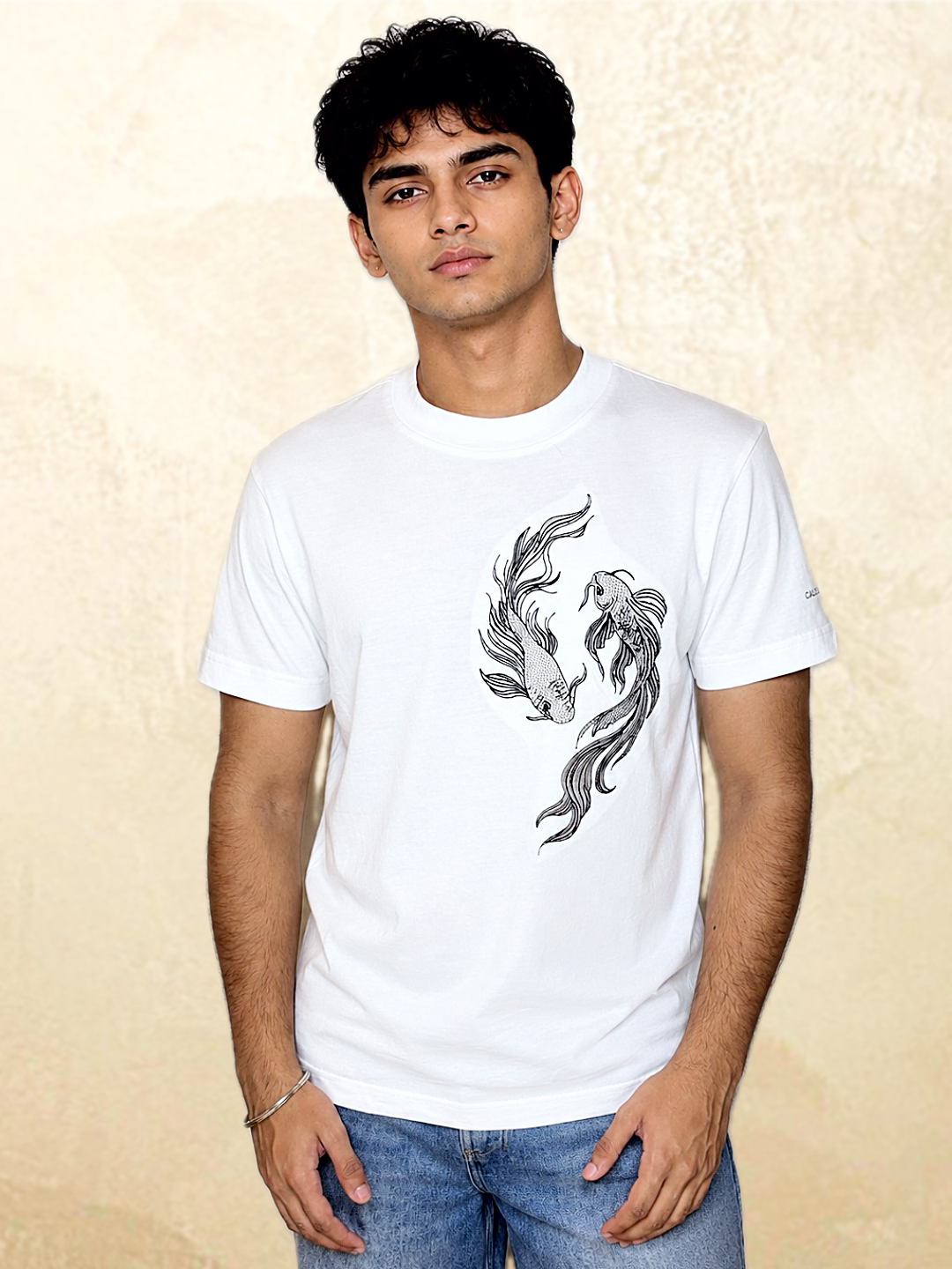 Calm > Chaos Koi Embroidered Tee-White