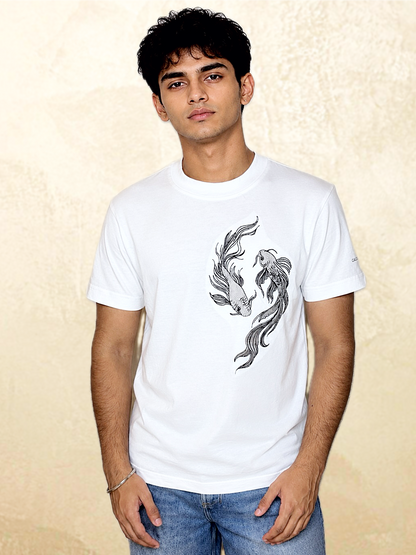 Calm > Chaos Koi Embroidered Tee-White