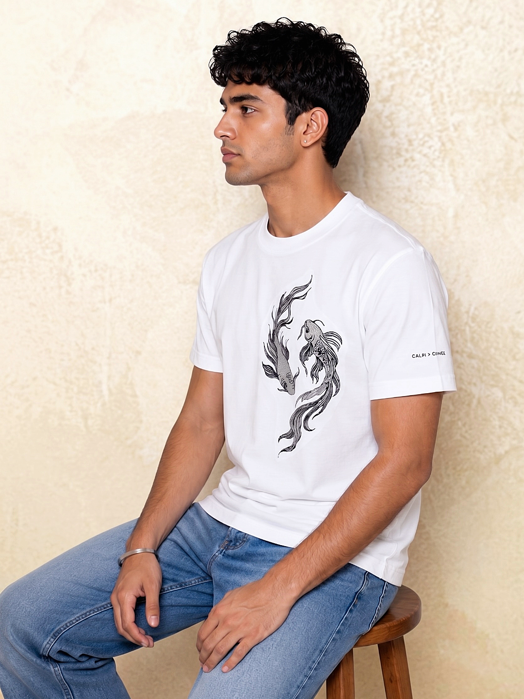 Calm > Chaos Koi Embroidered Tee-White