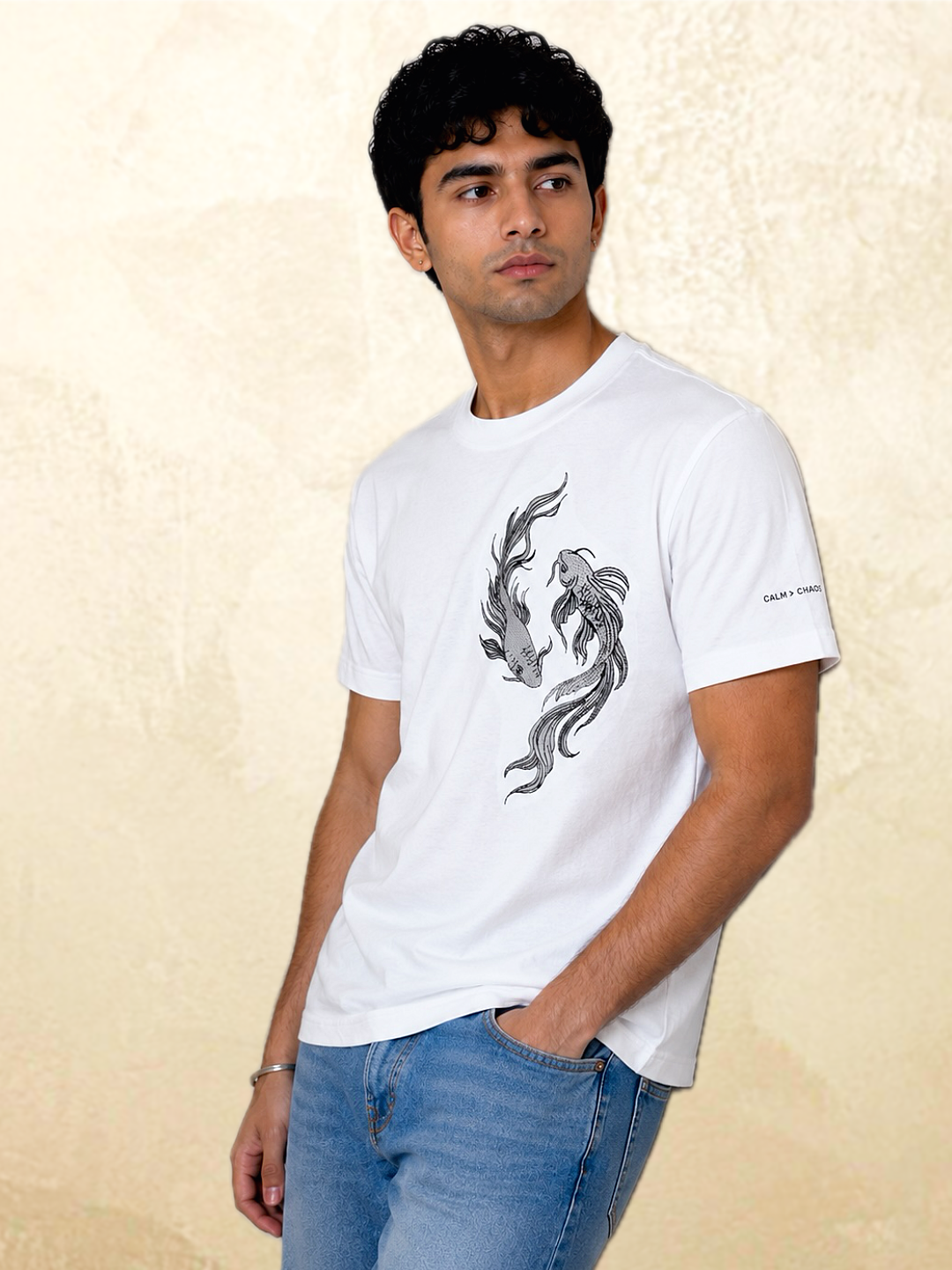 Calm > Chaos Koi Embroidered Tee-White