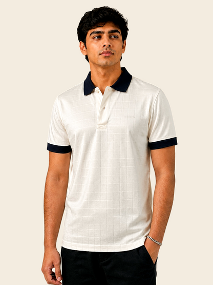 Ivory jacquard polo shirt mercerised cotton navy collar – 13thirtystudios Indian fit sizes 35-41