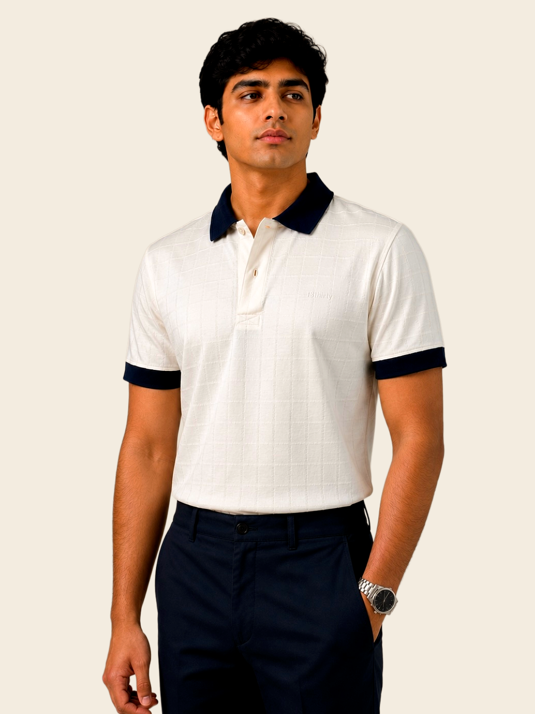 Ivory jacquard polo shirt mercerised cotton front detail – 13thirtystudios Indian fit sizes 35-41