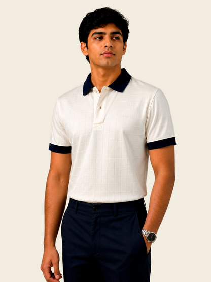 Ivory jacquard polo shirt mercerised cotton front detail – 13thirtystudios Indian fit sizes 35-41