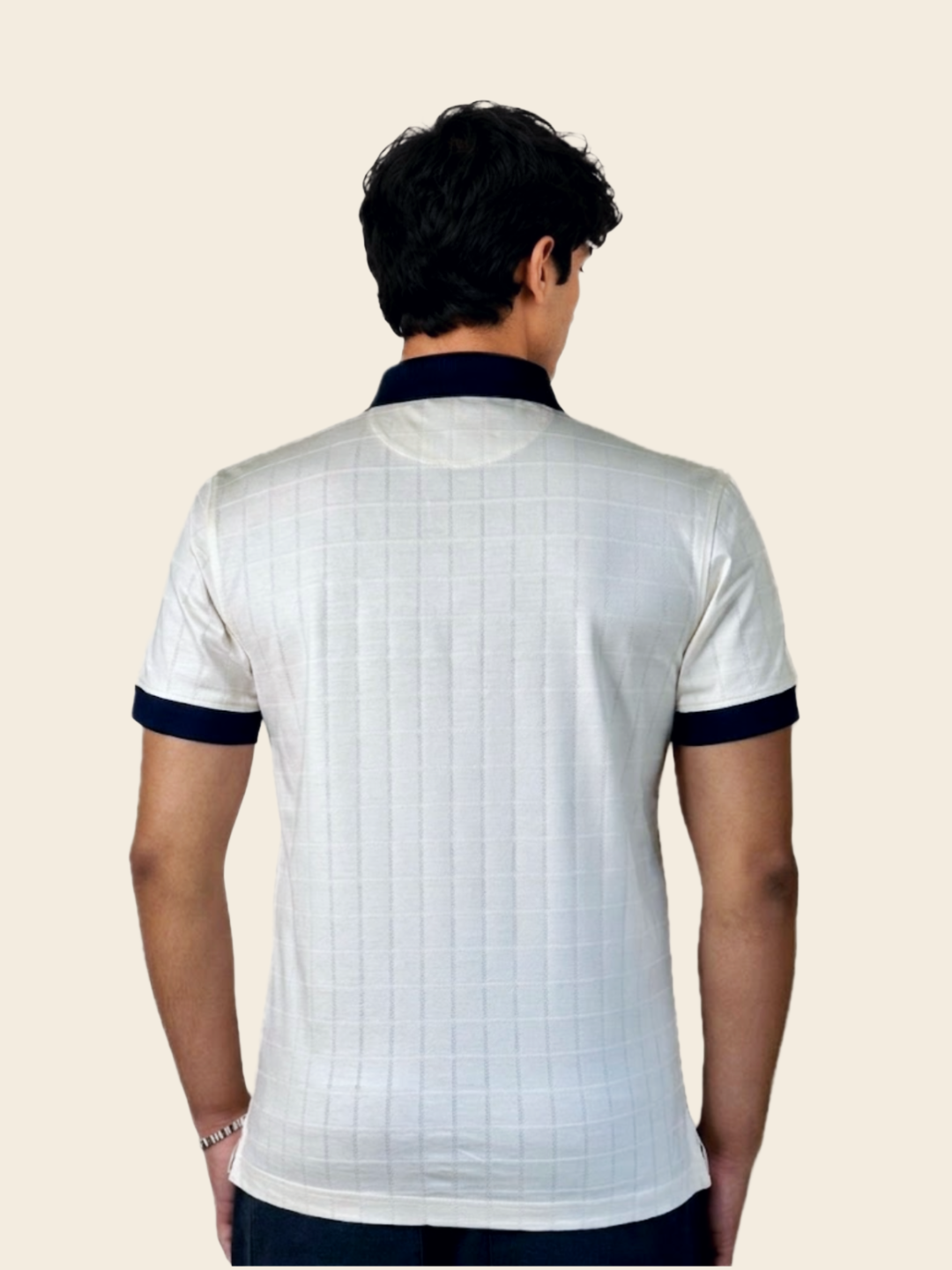 Ivory jacquard polo shirt mercerised cotton side view – 13thirtystudios Indian fit