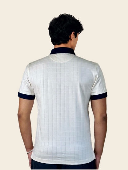 Ivory jacquard polo shirt mercerised cotton side view – 13thirtystudios Indian fit