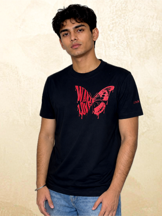 Black Want Love butterfly graphic t-shirt front view on model – 13thirtystudios Indian fit