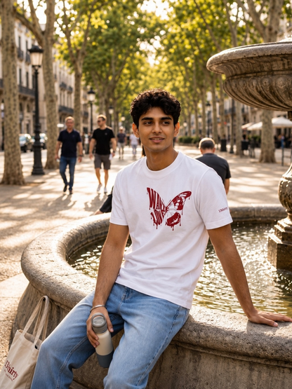 White Want Love butterfly graphic t-shirt lifestyle worn by Indian young adult – 13thirtystudios