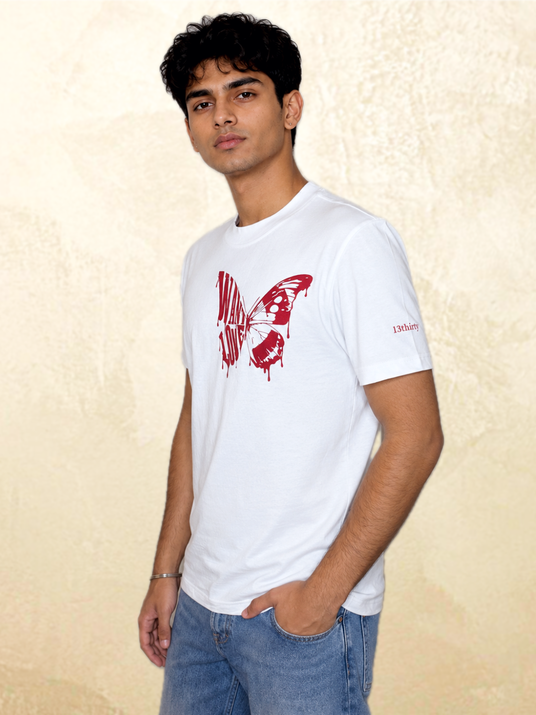 White Want Love butterfly graphic t-shirt side view – 13thirtystudios Indian fit