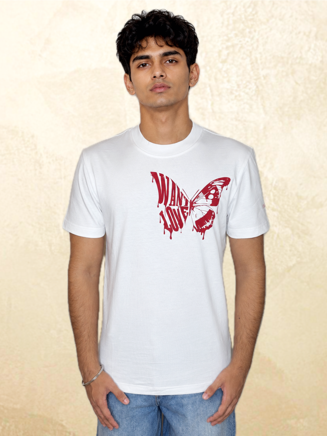 White Want Love butterfly graphic t-shirt front view – 13thirtystudios Indian fit sizes 33-41