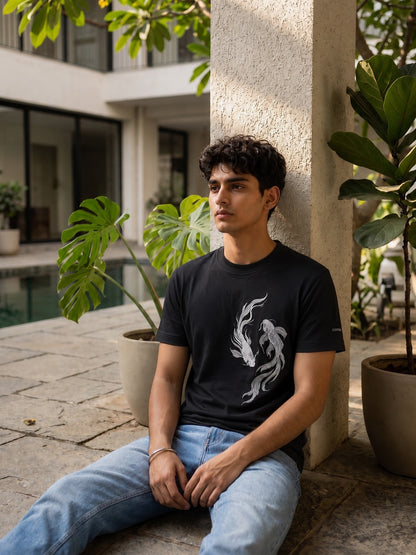 Calm > Chaos Koi Embroidered Tee-Black