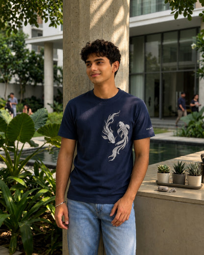 Navy koi embroidered t-shirt fabric and embroidery detail – 13thirtystudios
