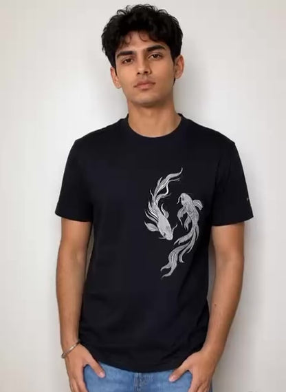 Calm > Chaos Koi Embroidered Tee-Black