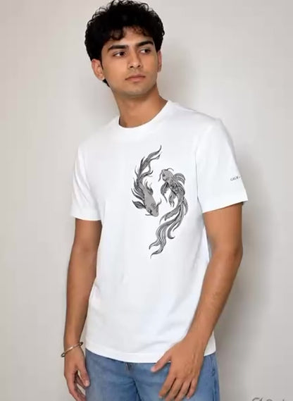 Calm > Chaos Koi Embroidered Tee-White